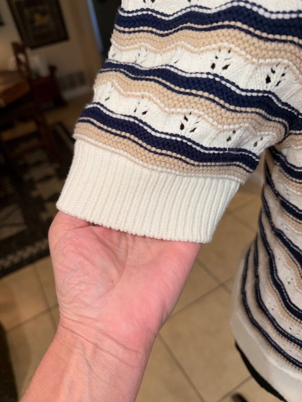 Marled Women Knit Short Sleeve Sweater M Beige Navy White Stripe Nautical Preppy - Picture 12 of 12